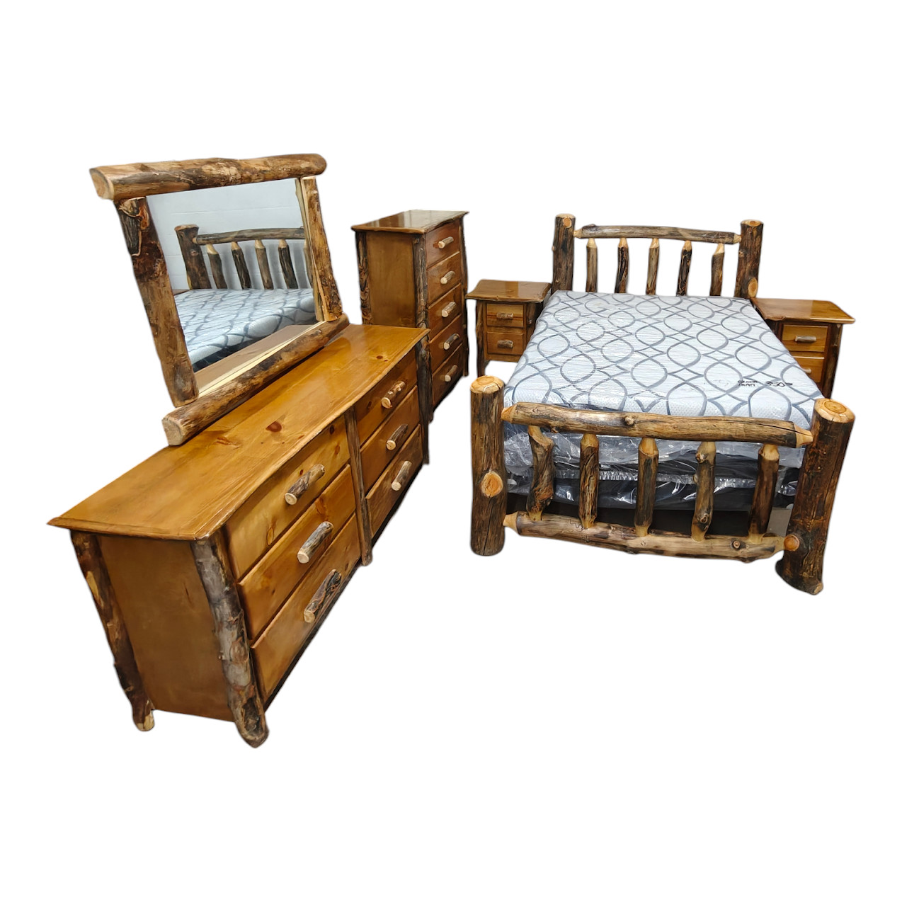 Rustic Log Bedroom Set 6-Piece Queen Bed Dresser Chest Nightstands Solid Wood