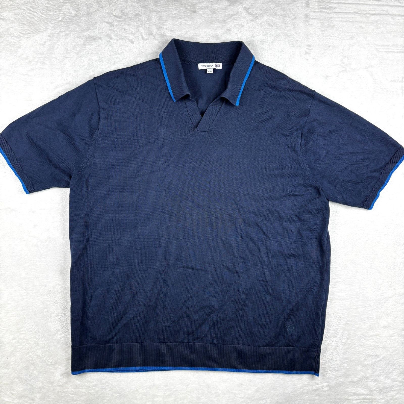 JW Anderson x Uniqlo Polo Shirt Mens L Blue Ribbed Knit Johnny Collar Resort JW Anderson x Uniqlo Polo Shirt Mens L Blue Ribbed Knit Johnny Collar Resort
