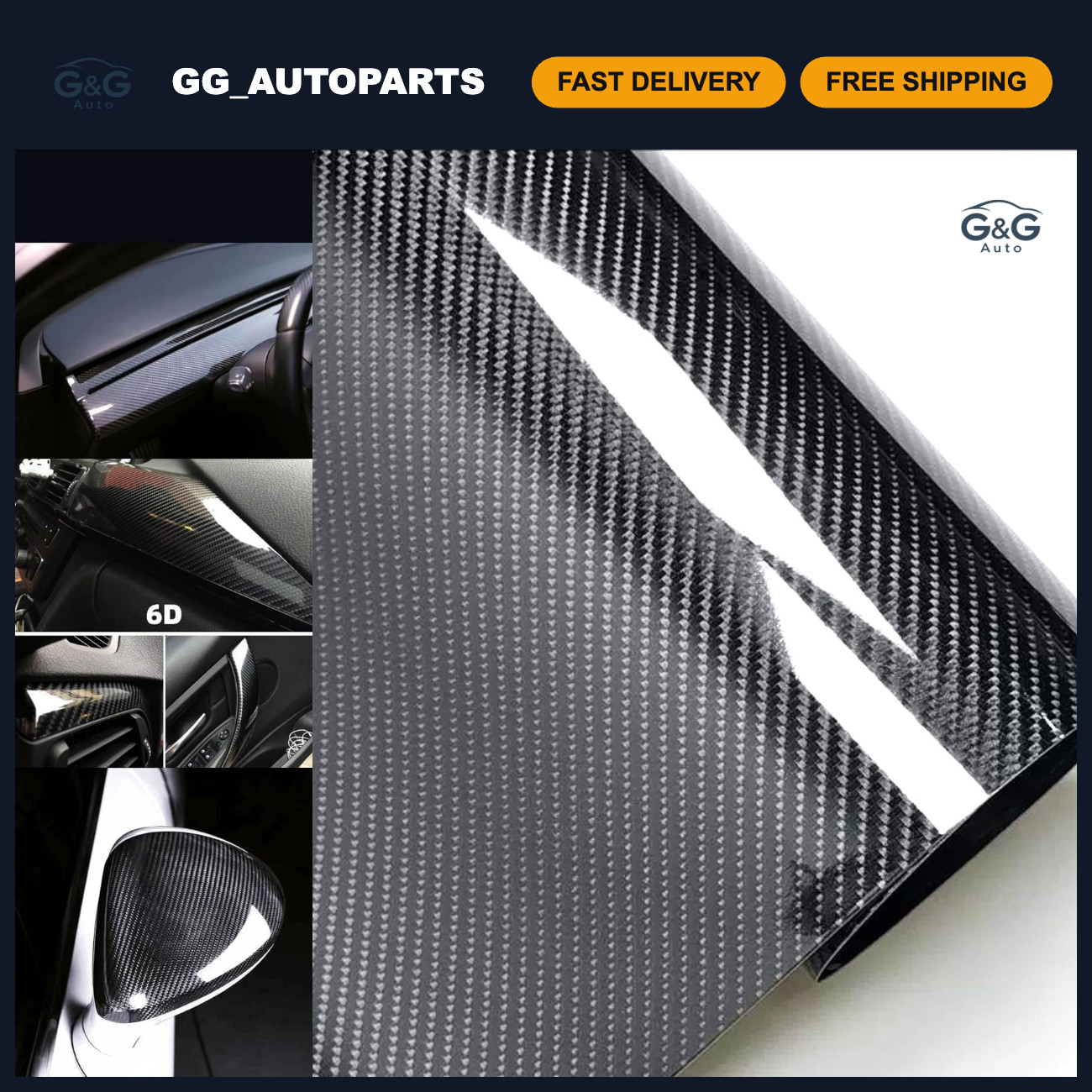 6D Carbon Fiber Vinyl Wrap Roll - Self Adhesive, Bubble Free, Glossy Black, 1ft