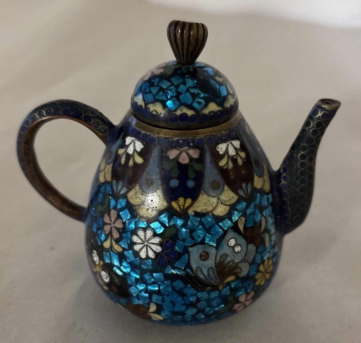 Antique Japanese Cloisonné Enamel Teapot Butterflies Ginbari 3.75”T Meiji Period