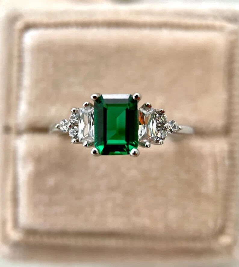 3.50 Ct Emerald Cut Natural Emerald Diamond Wedding Ring 14K White Gold size 7