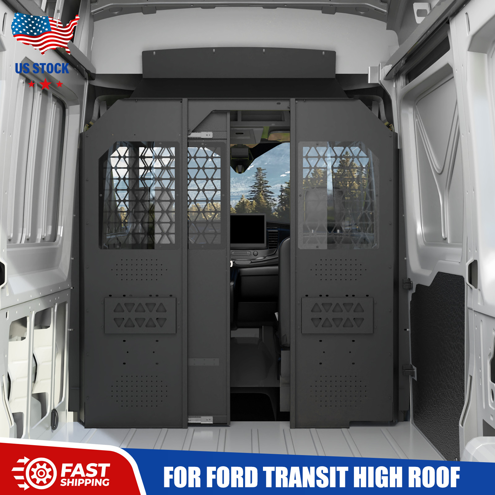 Commercial Steel Sliding Door Partition Bulkhead For Ford Transit High Roof Van
