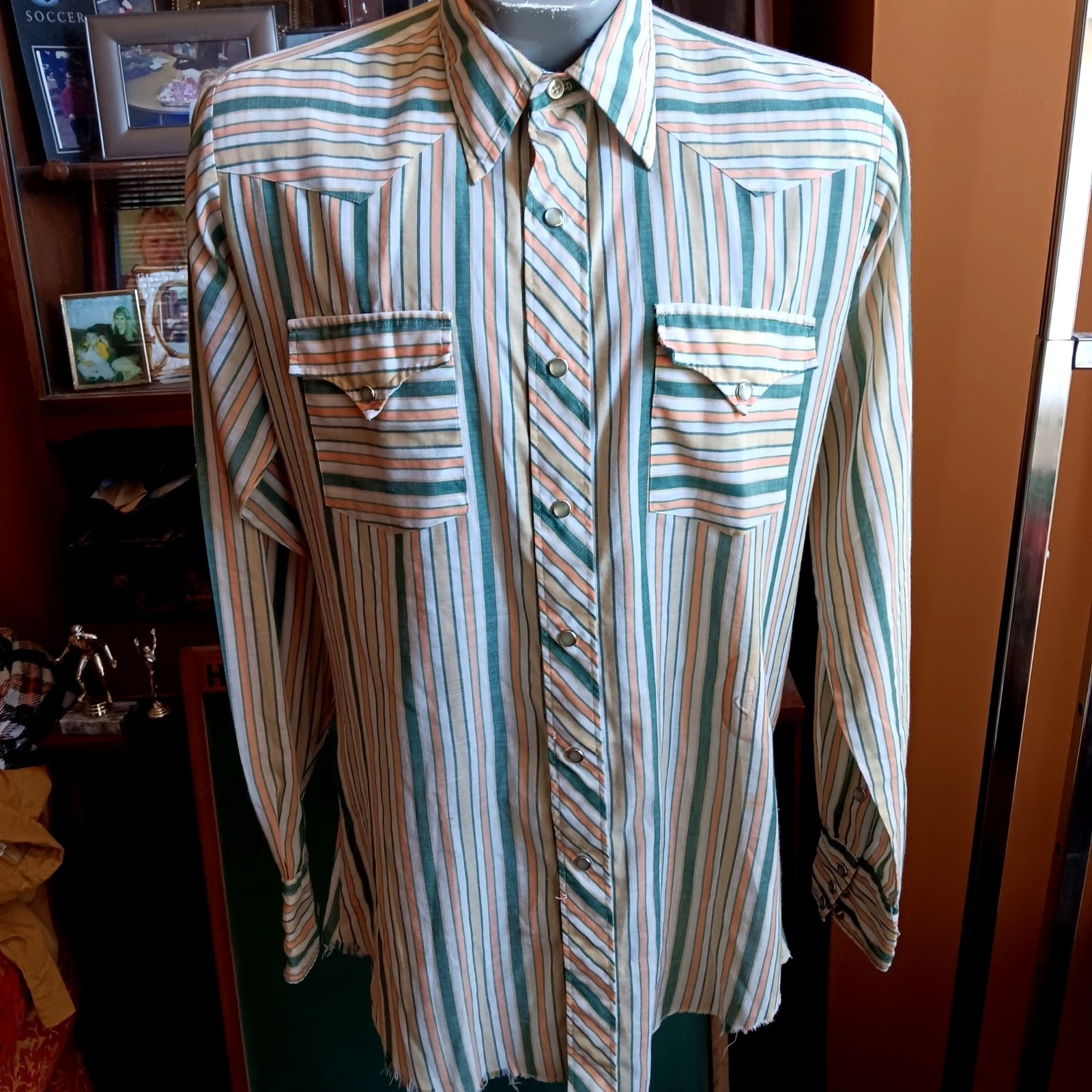 Vintage Mens Medium Western Shirt 1970\'s H Bar C Ranchwear Green Striped Snap  