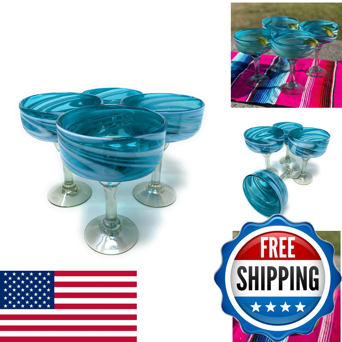 Dos Sueños Mexican Hand Blown Set of 4 Margarita Glasses Aqua Swirl 16 oz