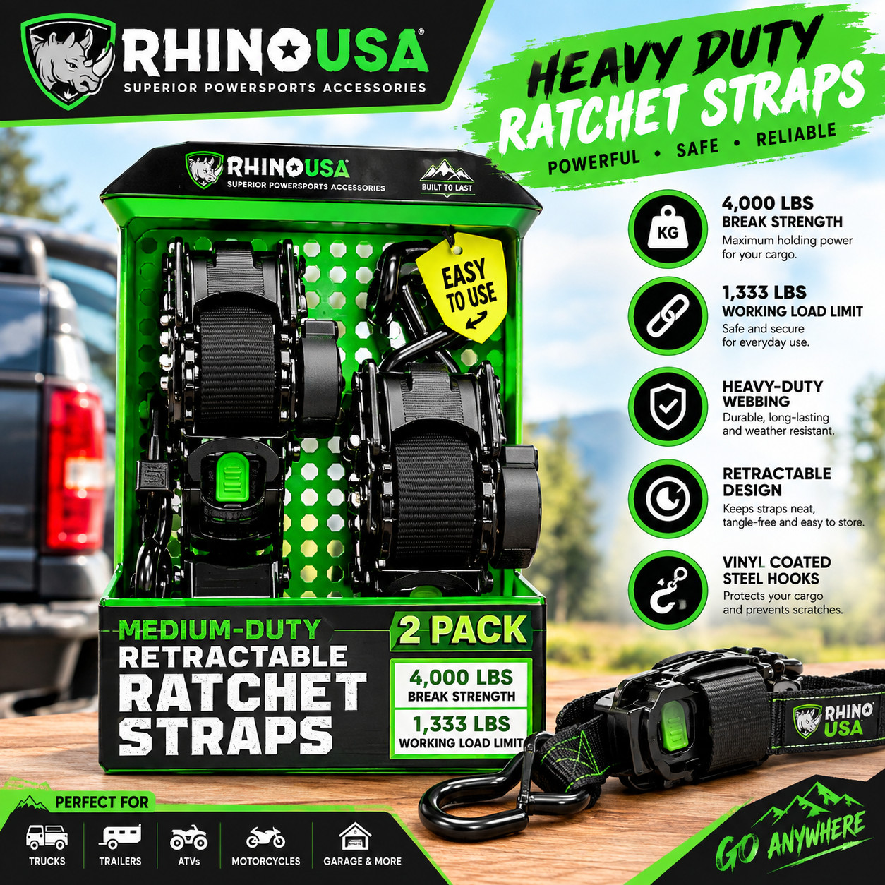 Rhino USA 1in x 10ft Retractable Ratchet Straps, 2 Pack – 403lbs Load Limit, 6lb Rhino USA 1in x 10ft Retractable Ratchet Straps, 2 Pack – 403lbs Load Limit, 6lb
