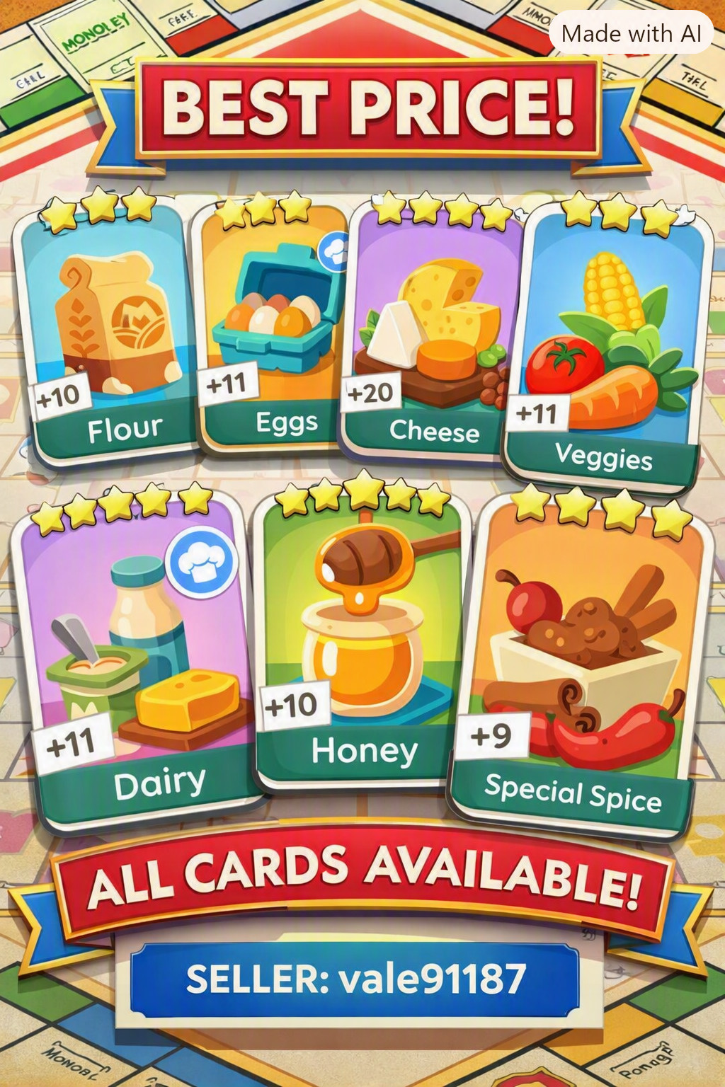 Monopoly Go Cafe Ingredients Stickers Set 11 Fast Delivery
