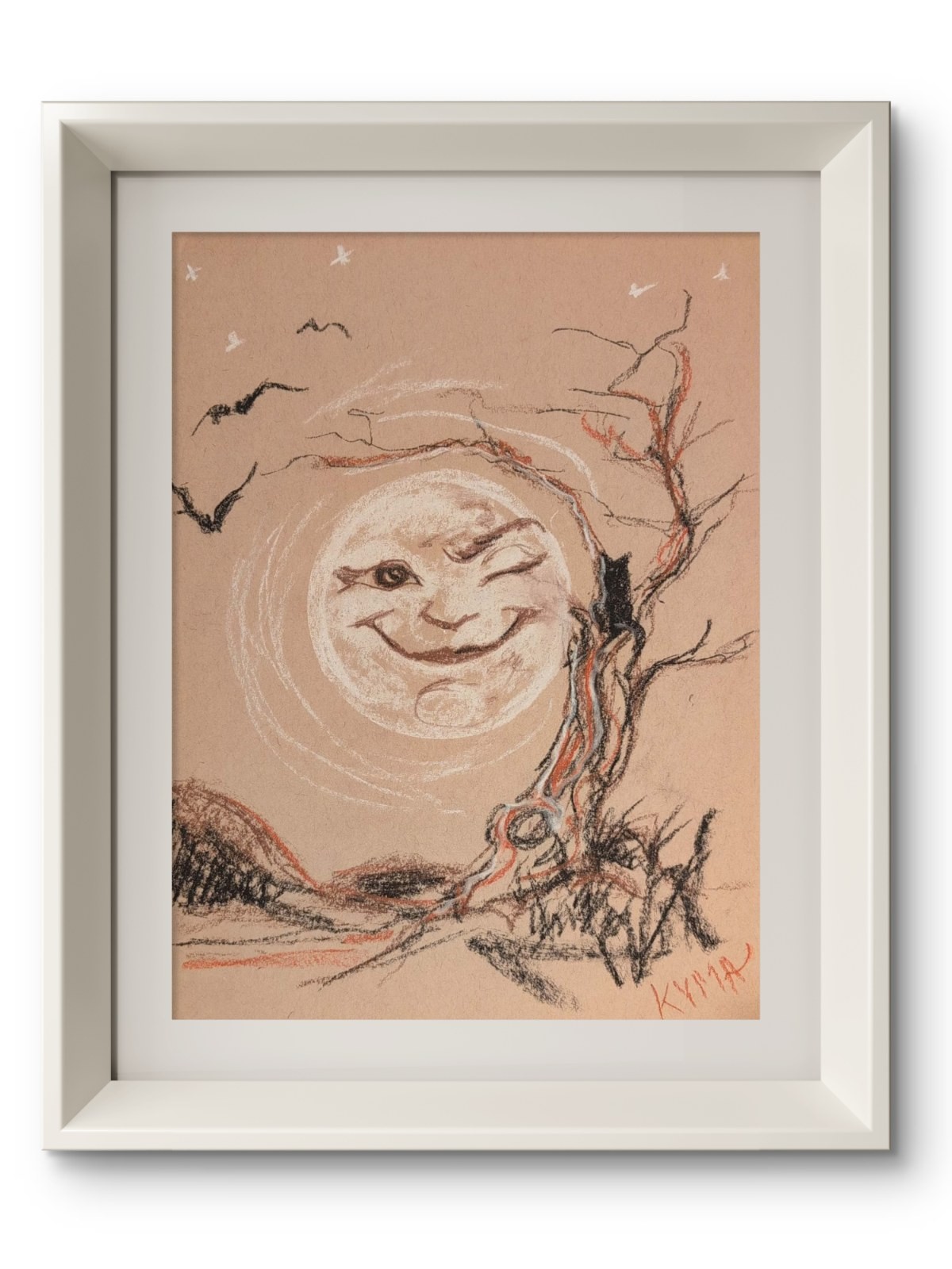 KYMA Original Acrylic 9x12 Folk Halloween Moon Face Drawing Signed Art On Paper