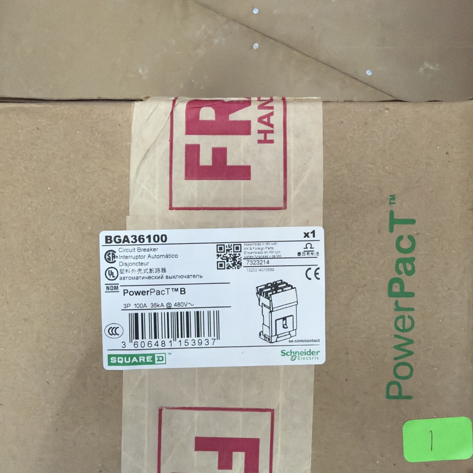 NIB - Square D - BGA36100 - Circuit Breaker, Powerpact B, 100A, 3 Pole