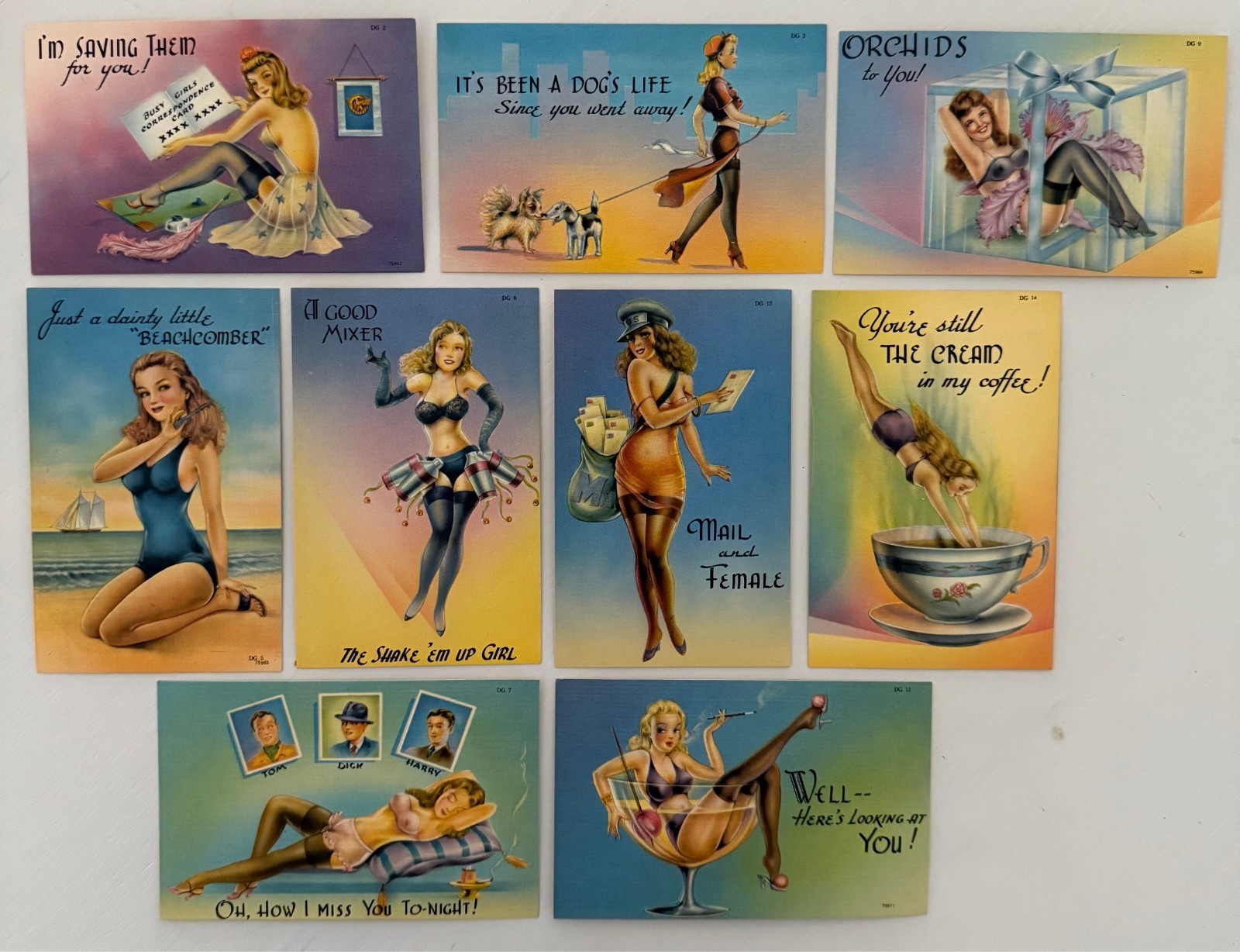 9 Vintage 1940s Pin-Up Postcards DG Series Postage Stamp Machine Co Unused