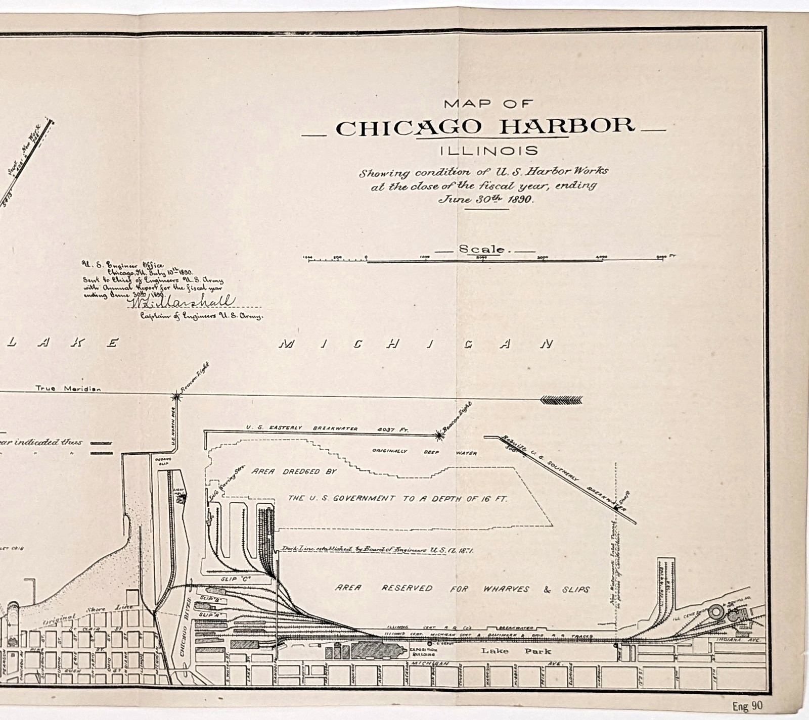 1890 CHICAGO Harbor Map LAKE PARK - RAILROADS - LAKE MICHIGAN - NAUTICAL 1890 CHICAGO Harbor Map LAKE PARK - RAILROADS - LAKE MICHIGAN - NAUTICAL