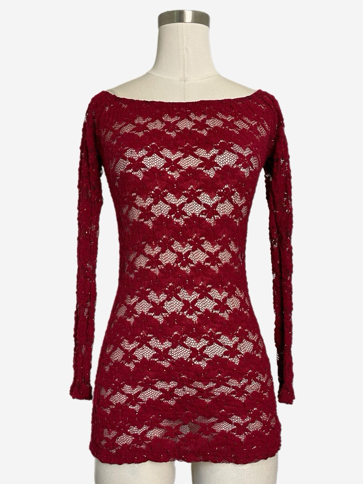 Vintage Y2K Ecco Mi red floral mesh lace sheer glitter top holiday grunge S