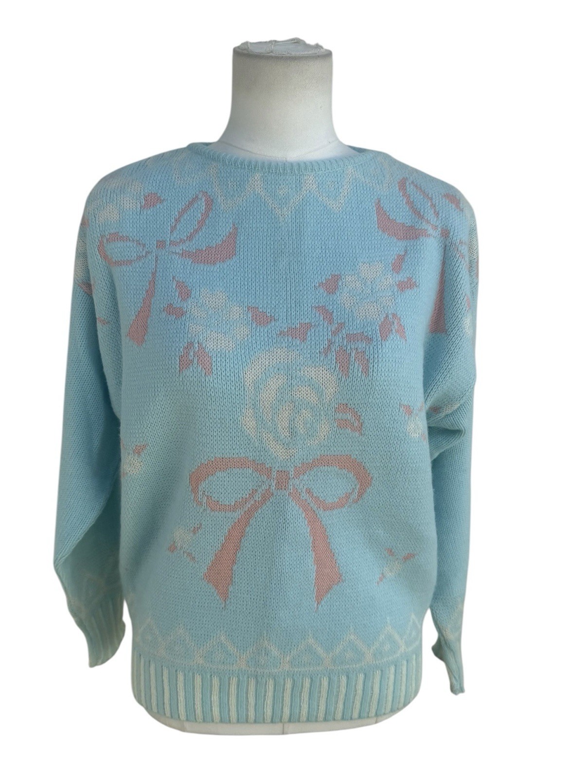 Vintage Alicia Petite Sweater M Blue Pink Bow Rose Floral Knit Made USA 80s 90s