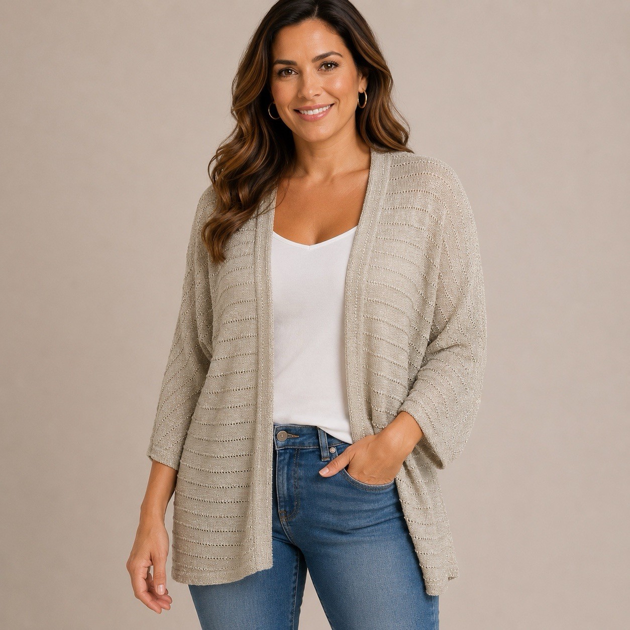 Chicos Womens Open Cardigan Size 2 Large Beige Gold 3/4 Sleeve Stretch Sweater Chicos Womens Open Cardigan Size 2 Large Beige Gold 3/4 Sleeve Stretch Sweater