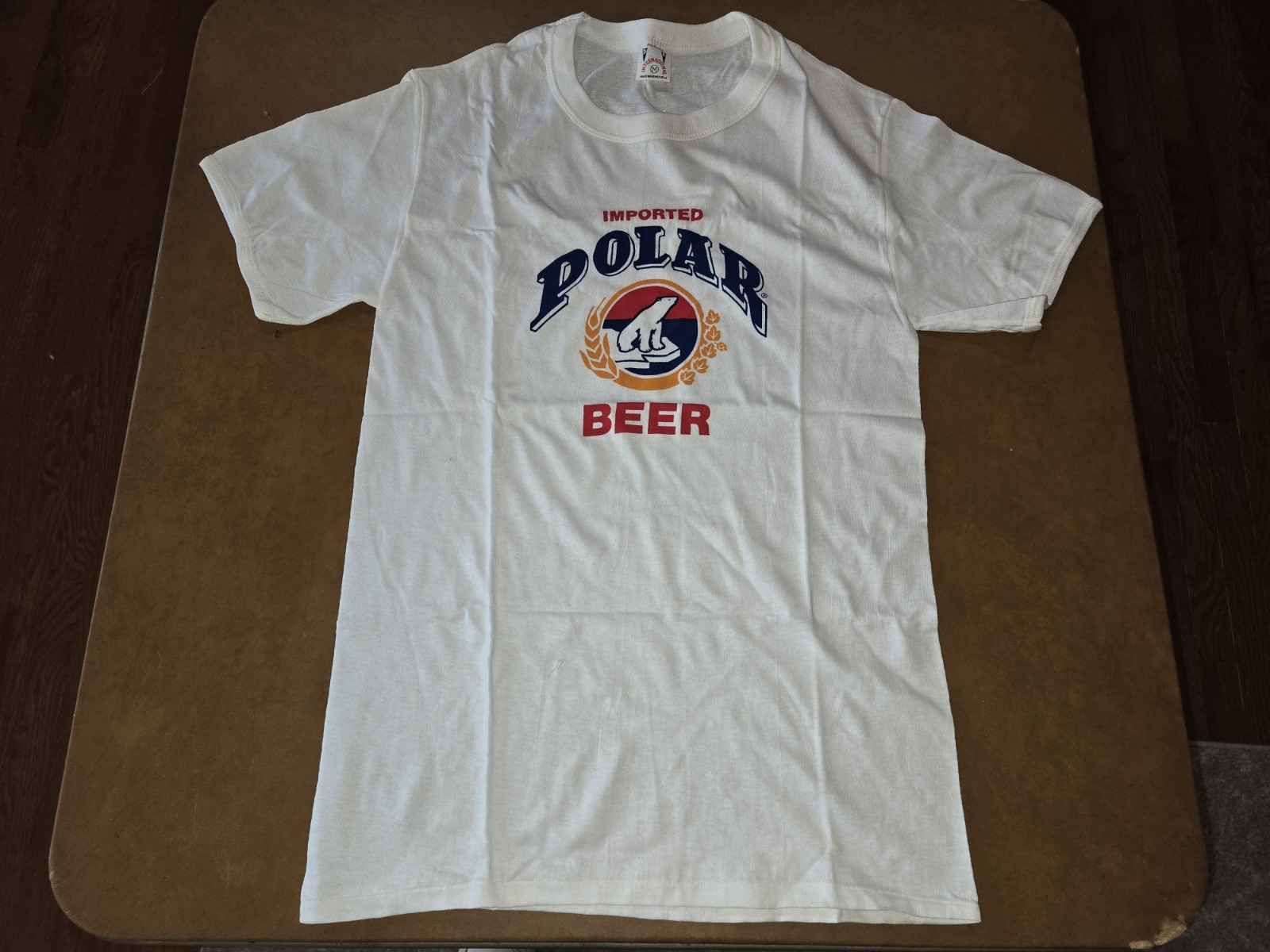 RARE VTG C 70\'S IMPORTED POLAR BEER WHITE GRAPHIC SINGLE STICH SIZE M VENEZUELA