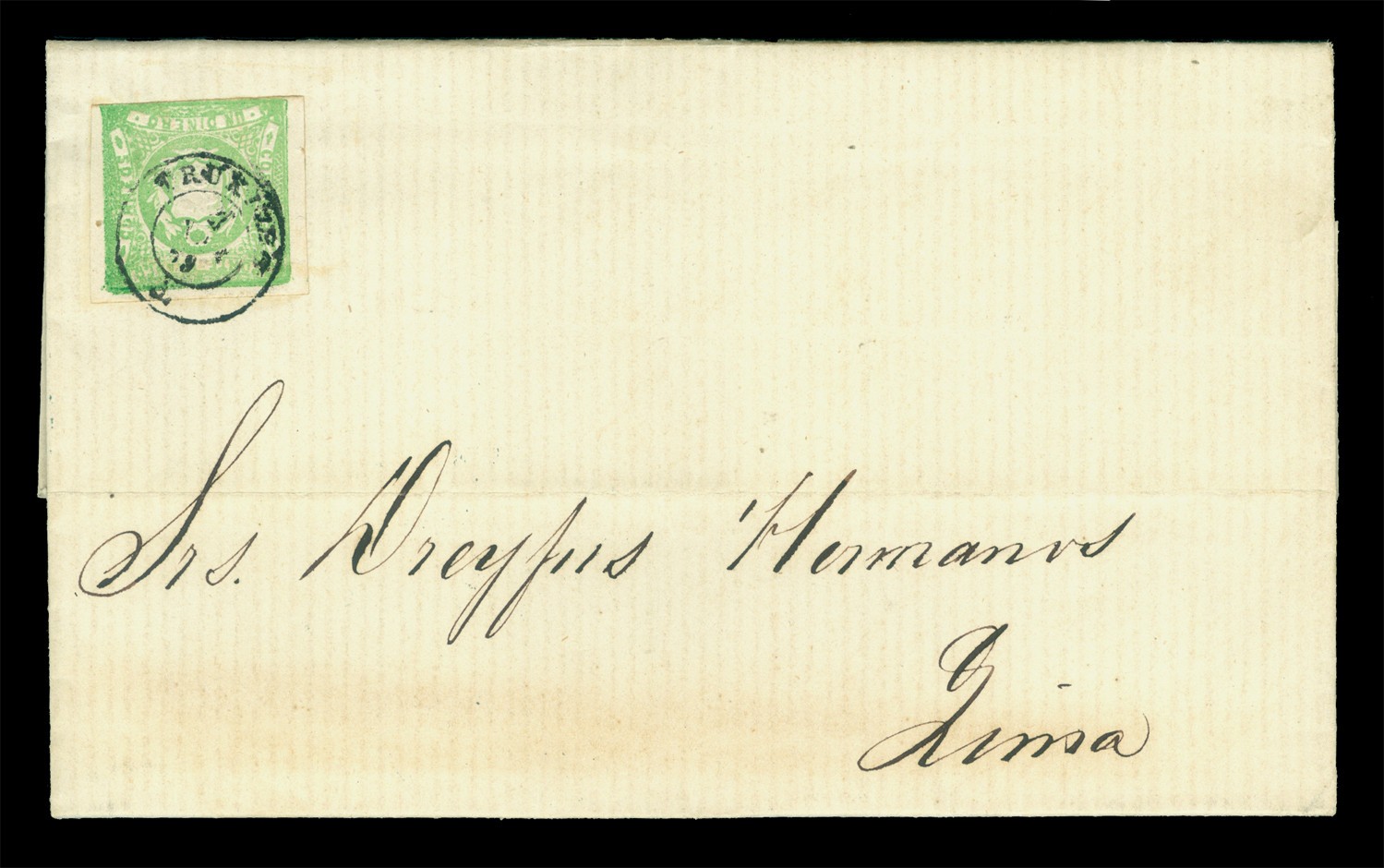 PERU 1868 Coat of Arms 1d green Sc# 14 used XF folded letter \