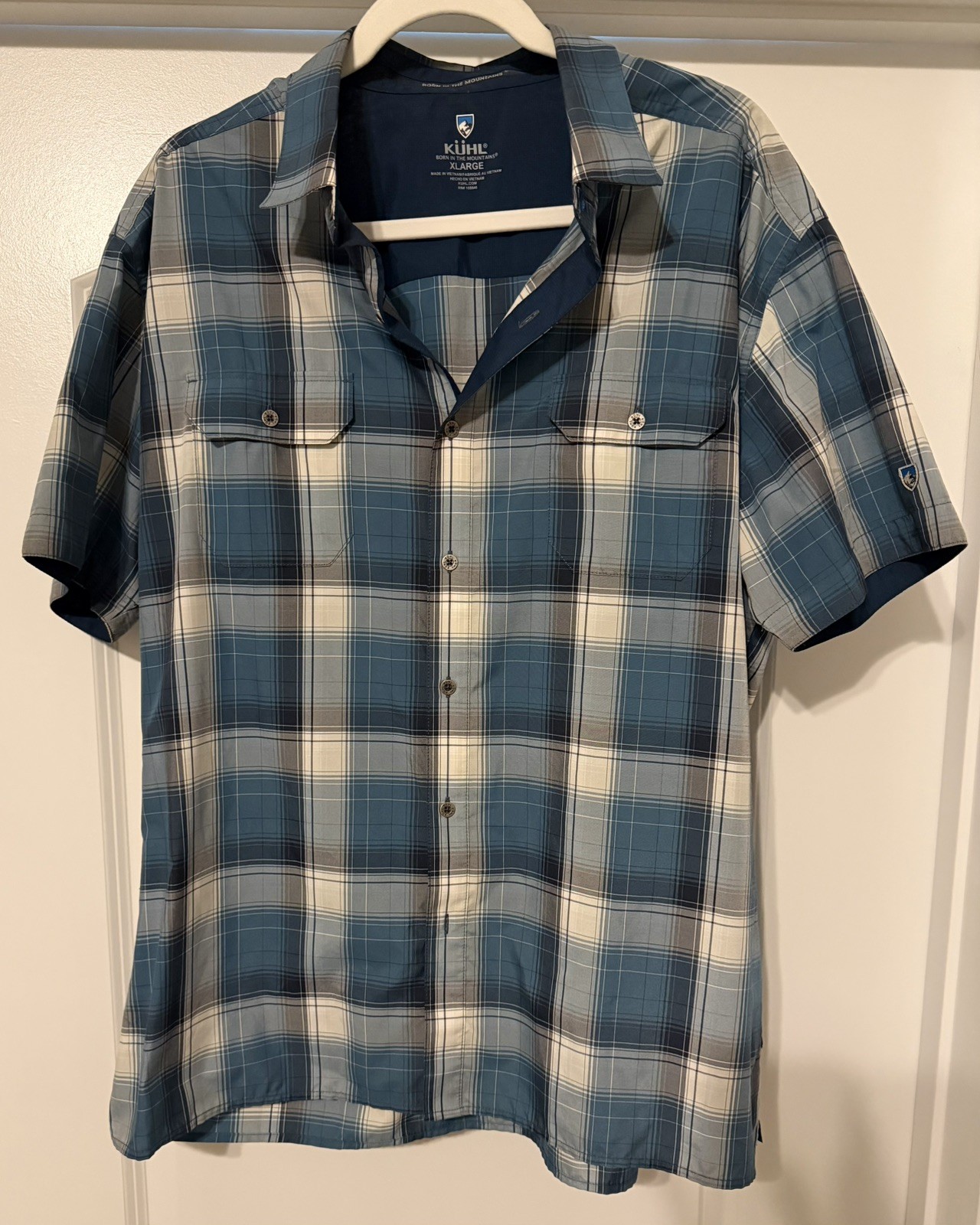KÜHL Men\'s Response Short Sleeve Plaid Button Up Hiking Shirt Blue XL