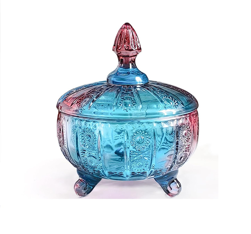 Purple-Blue Glass Candy Dish with Lid Embossed Candy Jar with Lid 16Oz Vintage