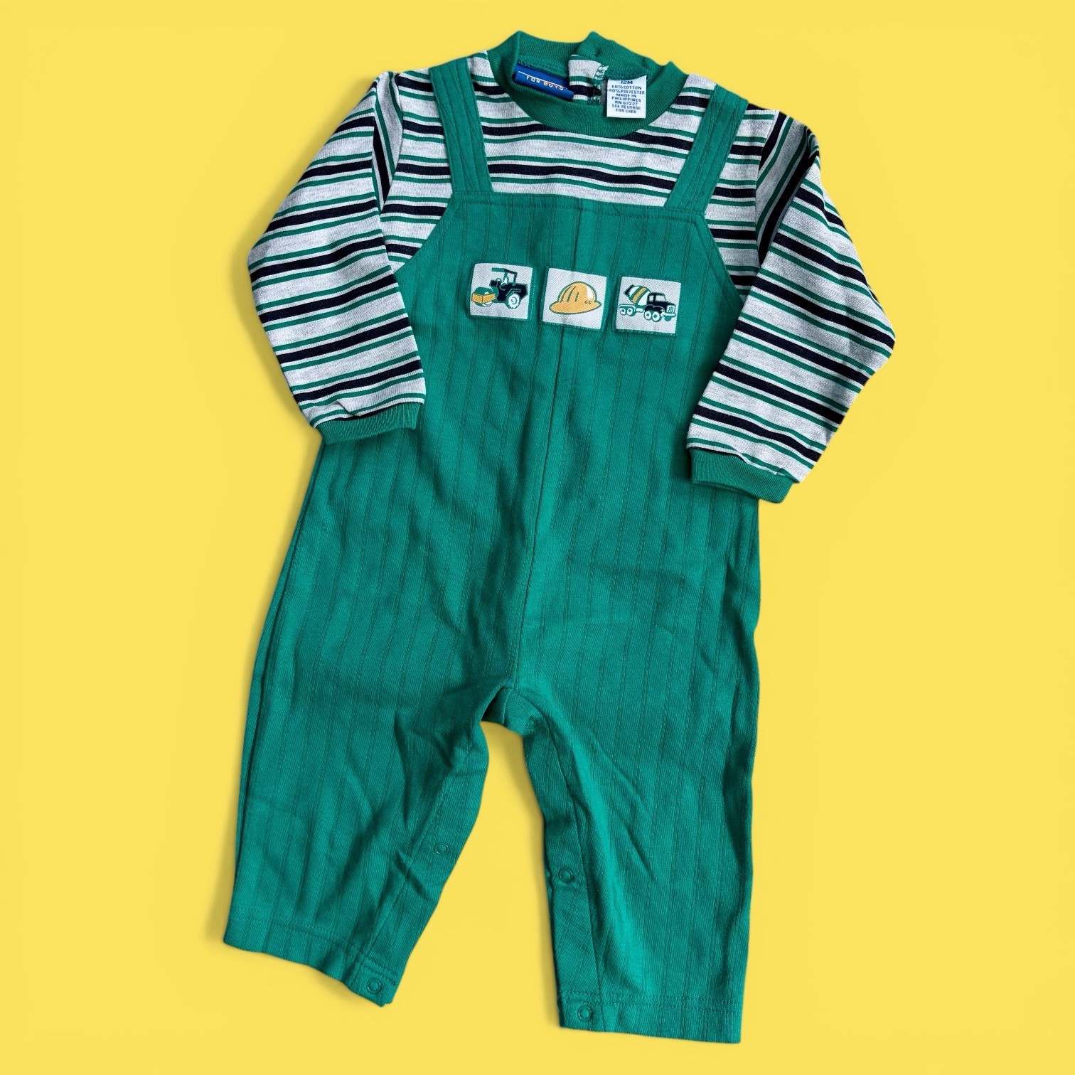 Vintage 90s Romper Sz 12m My Pal Boys Long Sleeve Striped Green Construction Vintage 90s Romper Sz 12m My Pal Boys Long Sleeve Striped Green Construction