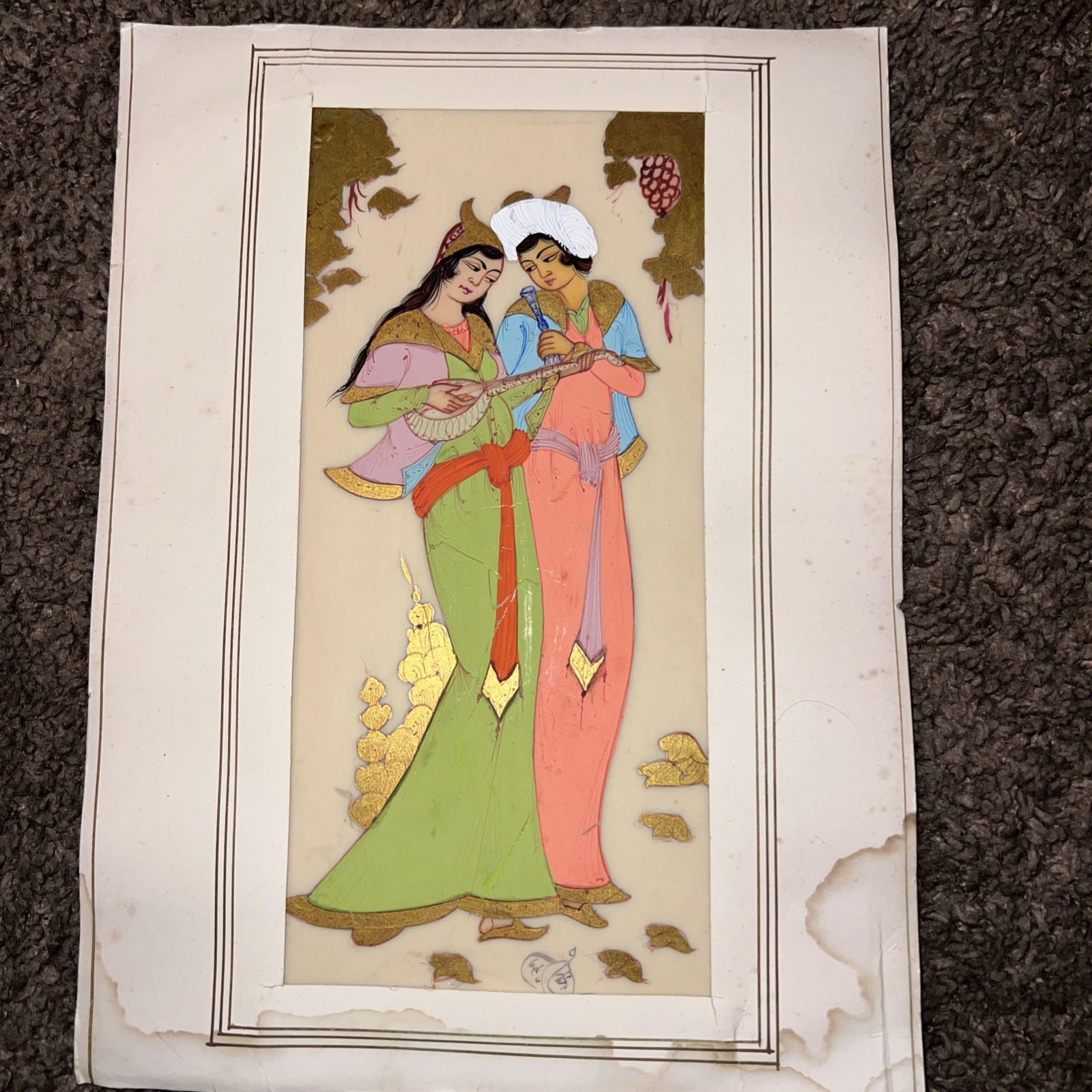 1950s Persian Miniature Painting Hand Painted Panel Signed Safavid Lovers Art