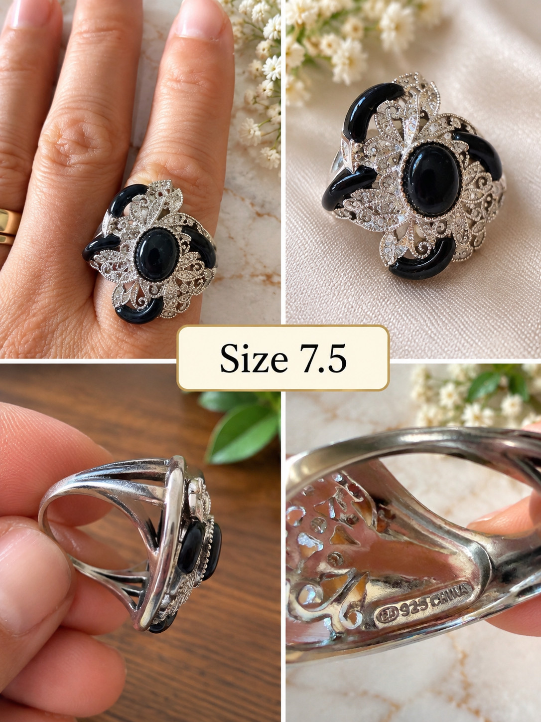 Vintage Black Onyx and Diamond Ring - 925 Sterling Silver - Size8