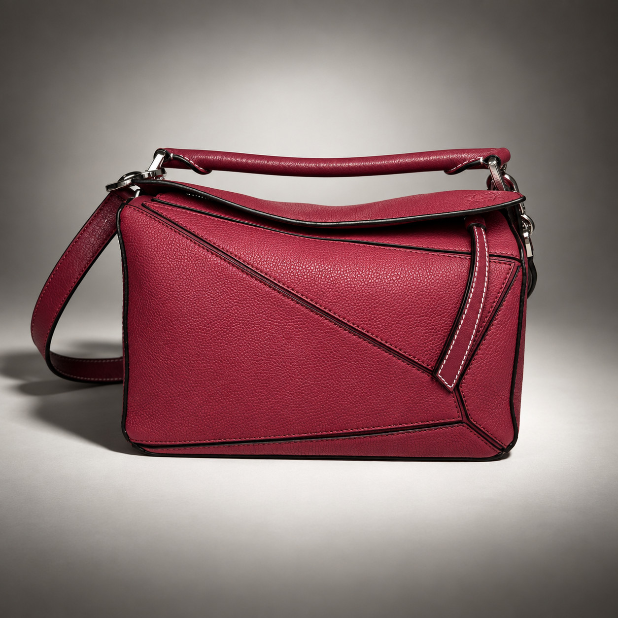 Loewe Puzzle Small Raspberry Pink Grained Leather Top Handle Crossbody Bag