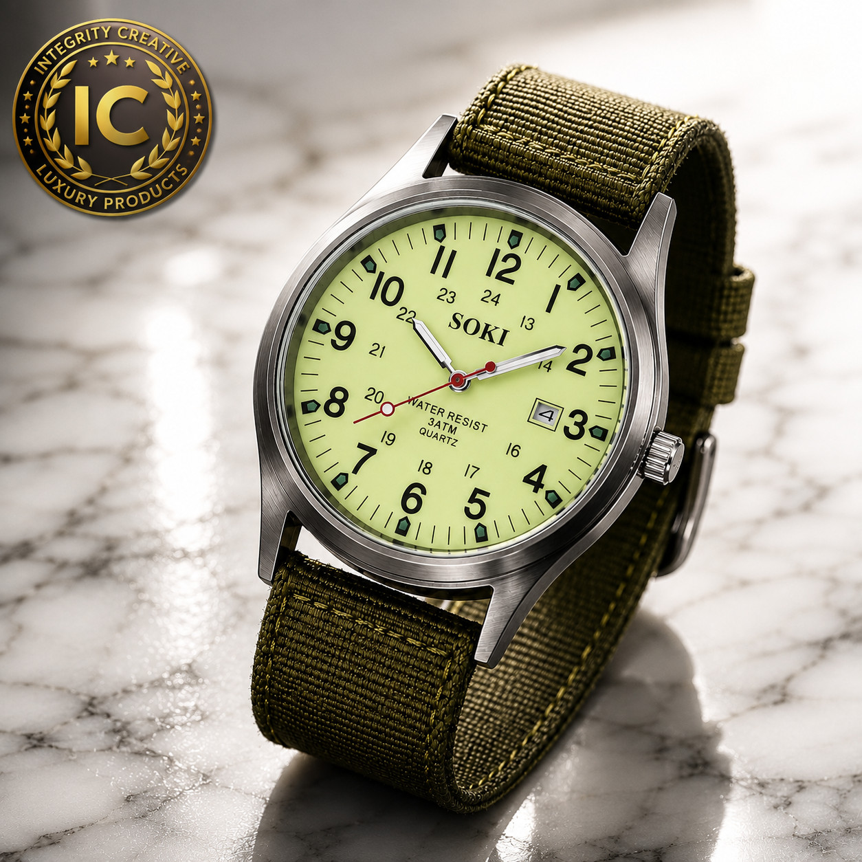 Men\'s Military Army Style Luminous Dial 24Hr Green Nylon Strap Date Quartz Watch