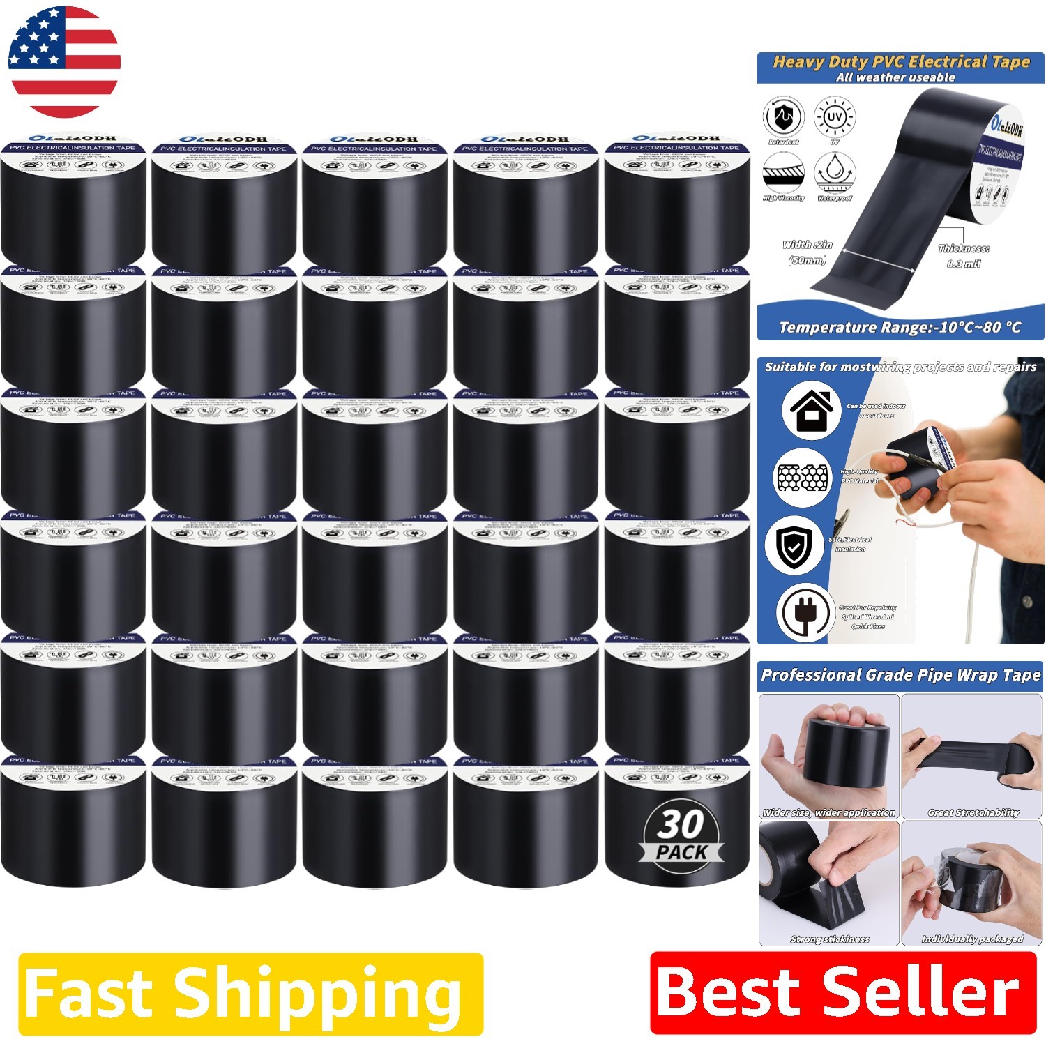 Bulk Black Electrical Tape 30 Rolls: 2\