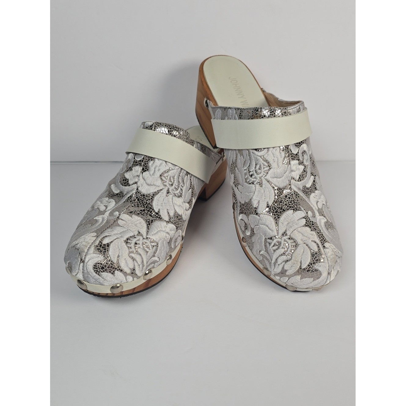 NWOT Johnny Was Dormi White Lace Floral Metallic Clog Mules Wood Heel Size 39
