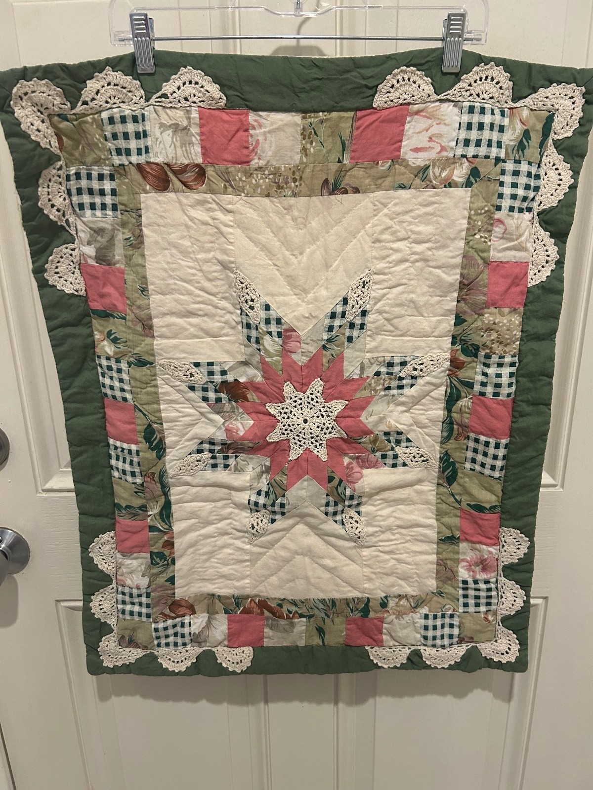 Pair Quilted Patchwork Pillowcases 28x22 Crochet Lace Country Cottage