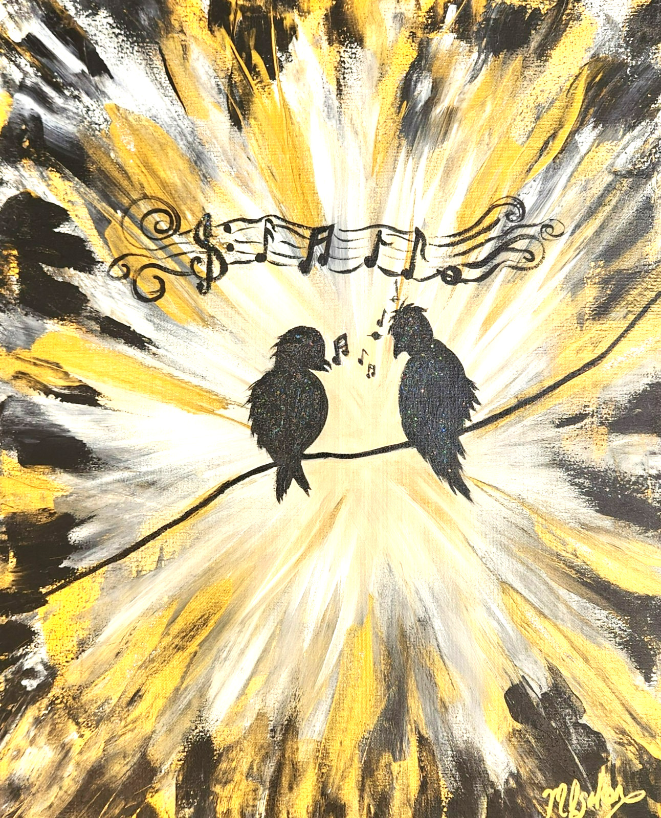Abstract Songbird Music Painting 16x20 Original Gold Art by M Isaksen