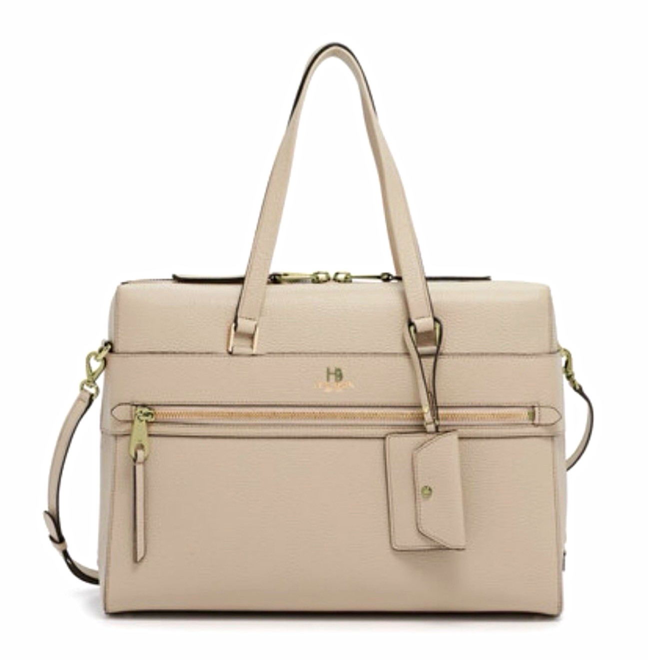 RARE Henri Bendel Beige NoHo Briefcase Satchel Zip Detachable Strap Gold Hdware