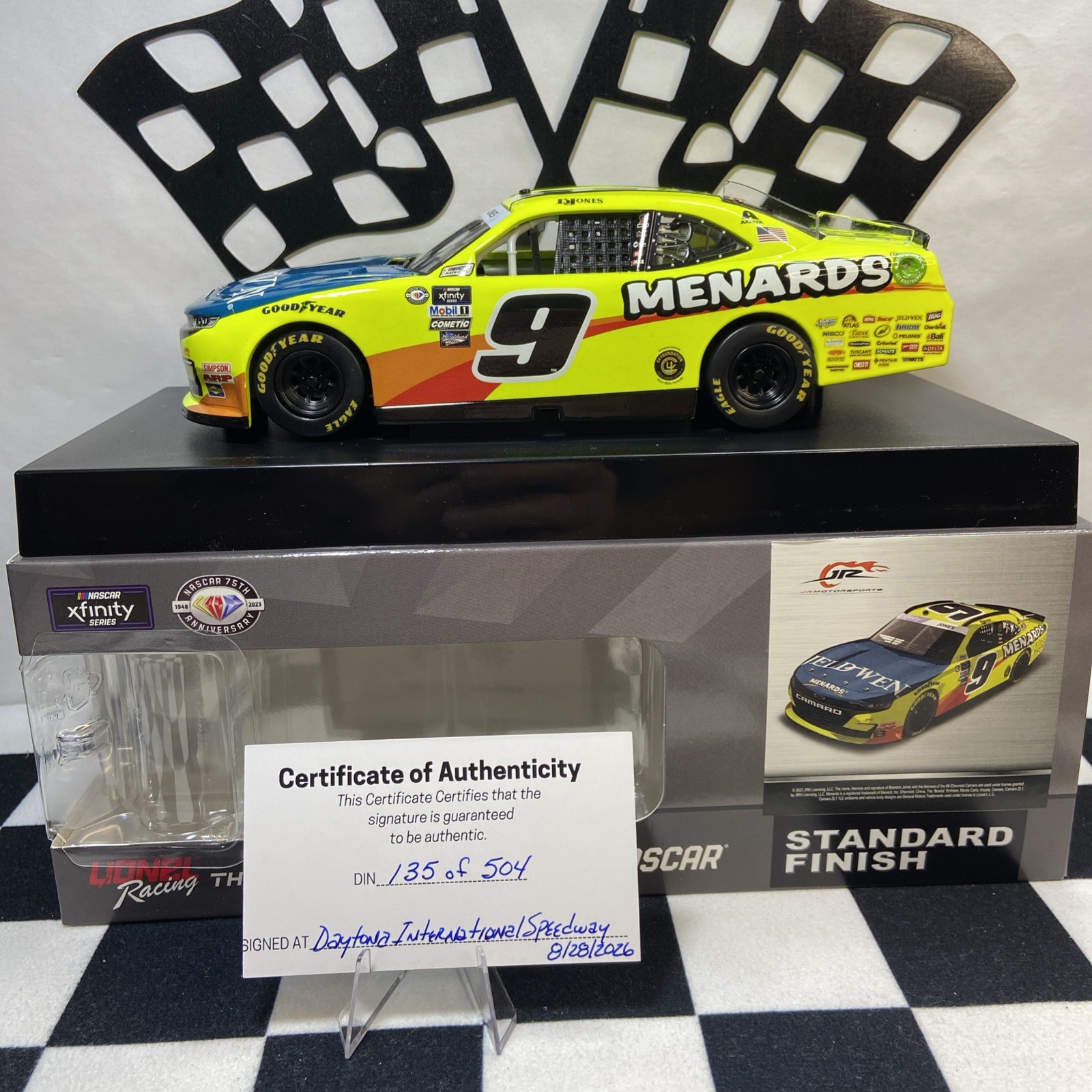 Brandon Jones Autographed 2023 1:24 #9 Menards Chevrolet Camaro Diecast w/COA