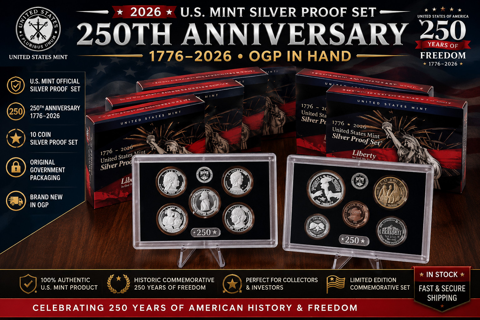 2026-S U.S. Mint Silver Proof Set 250th Anniversary 1776-2026 COA OGP IN HAND