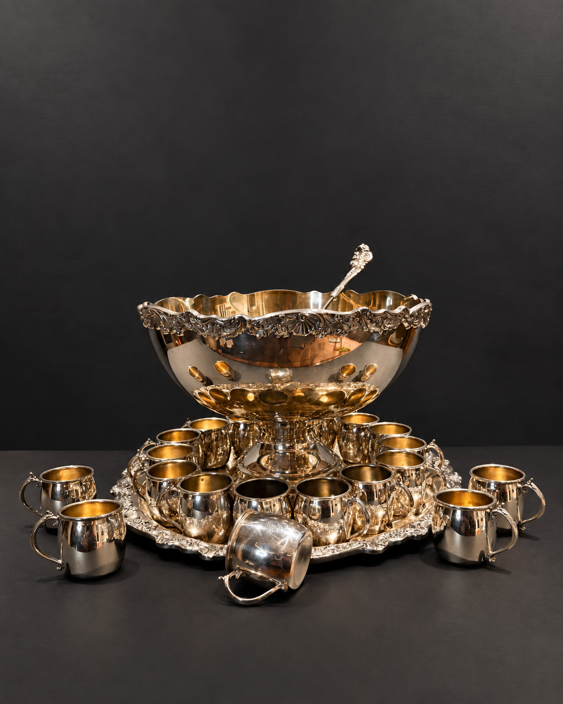 Vintage Towle Silverplate Punch Bowl Set Tray Ladle 19 Cups Ornate Serving