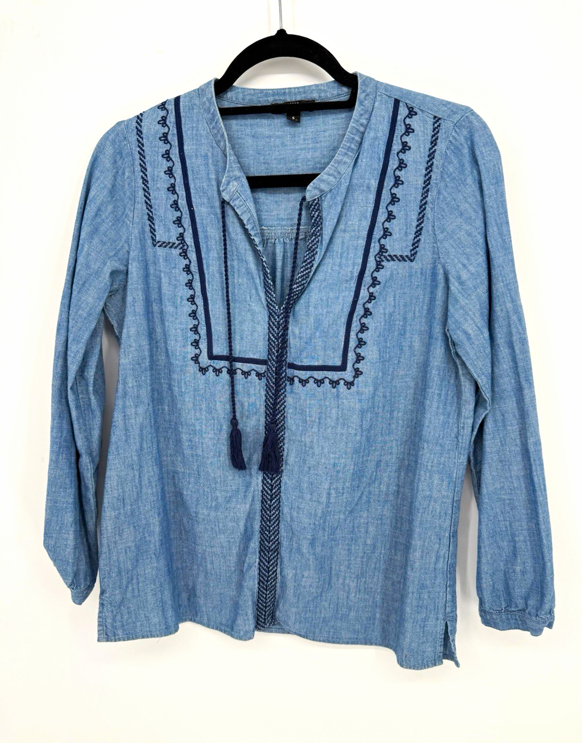 J.CREW Mercantile Women’s Blue Chambray Embroidered Tassel Tie Blouse S J.CREW Mercantile Women’s Blue Chambray Embroidered Tassel Tie Blouse S
