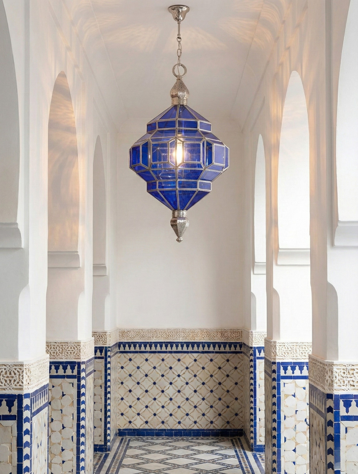 Handmade Moroccan blue Glass Pendant Light | Lantern Chandelier | Artisan Glass