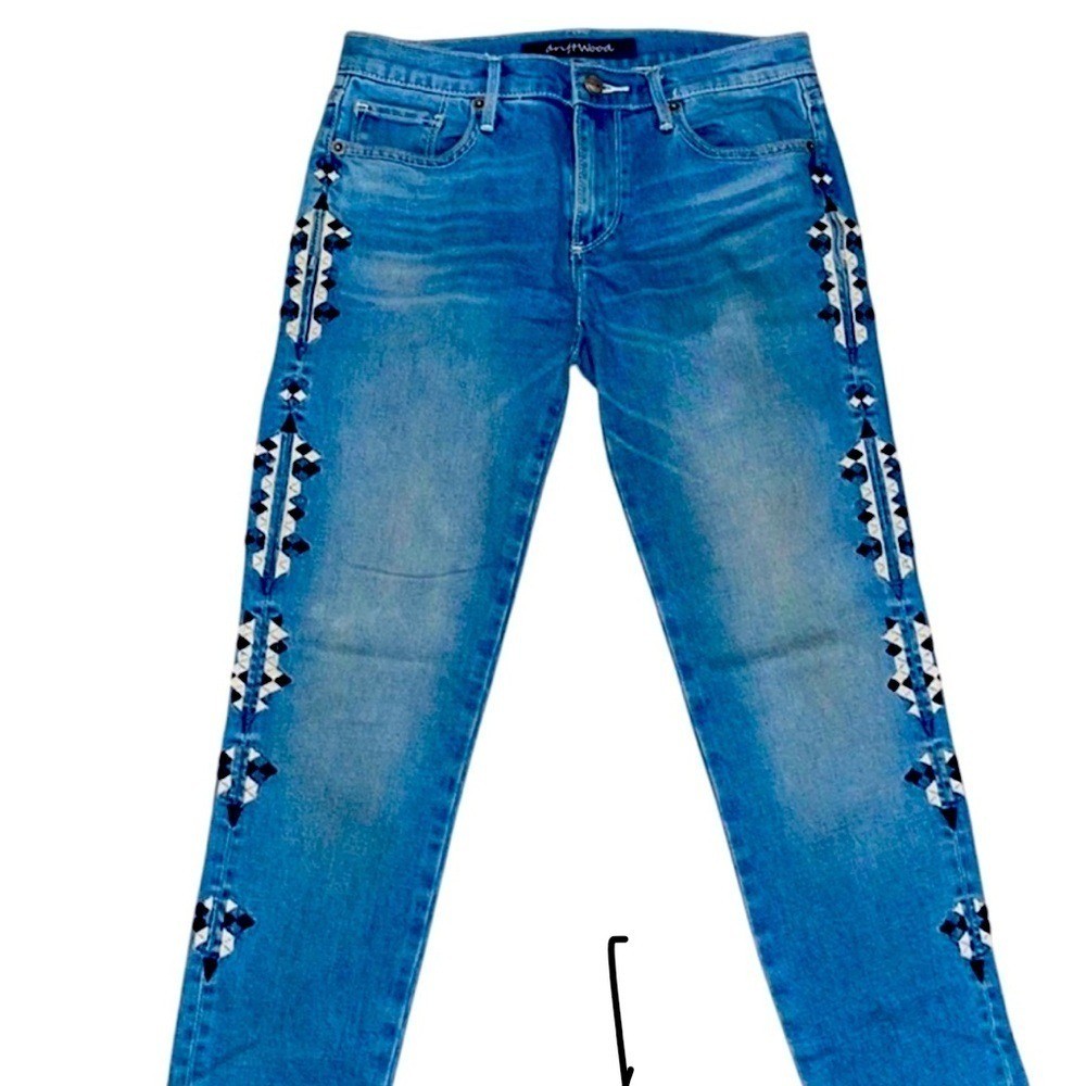 Driftwood Marilyn Embroidered Skinny Jeans Women\'s Size 26 Blue/White Embroidery