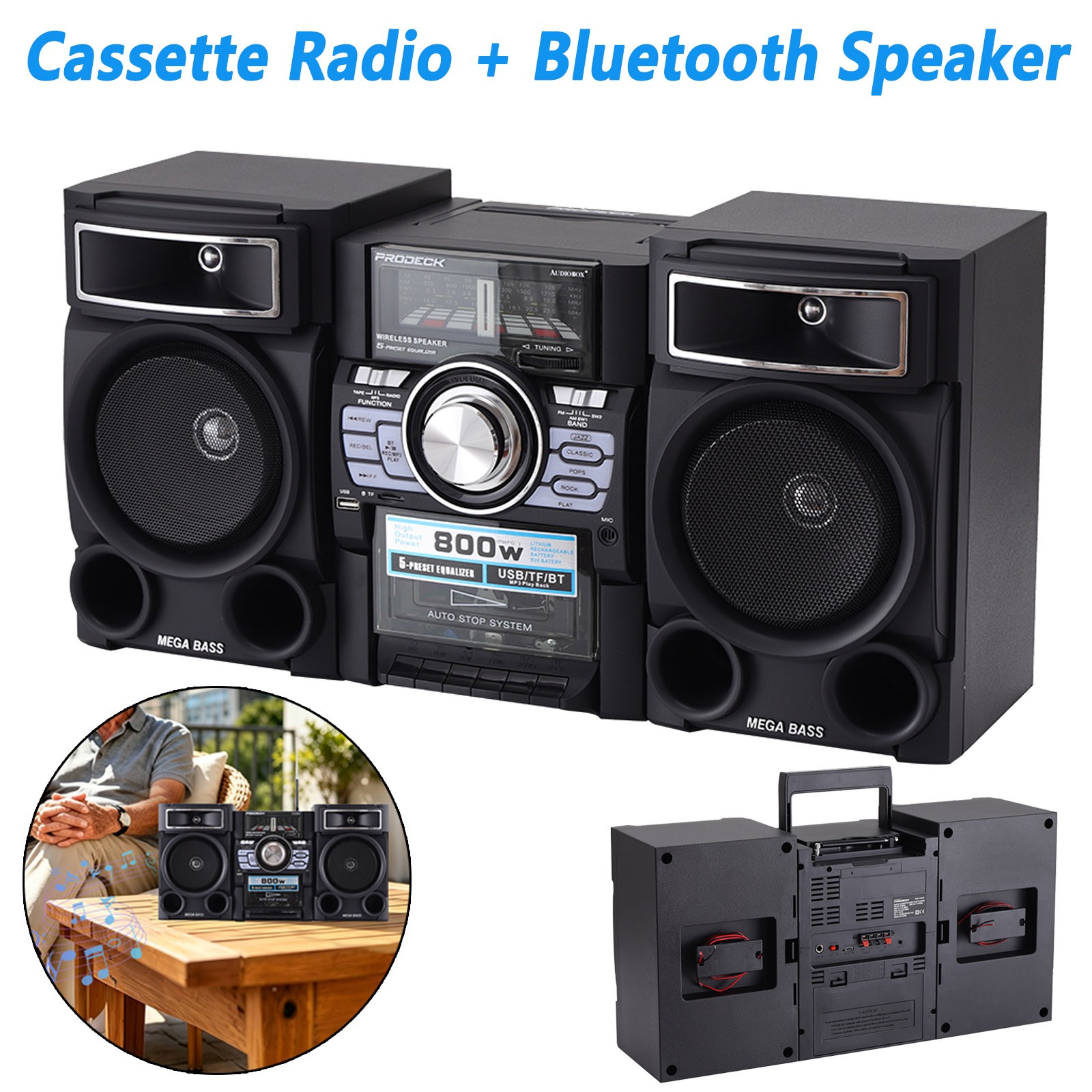 800W Portable Desktop Cassette Radio + 2PCS 25W Bluetooth Speaker FM/AM/SW/AUX