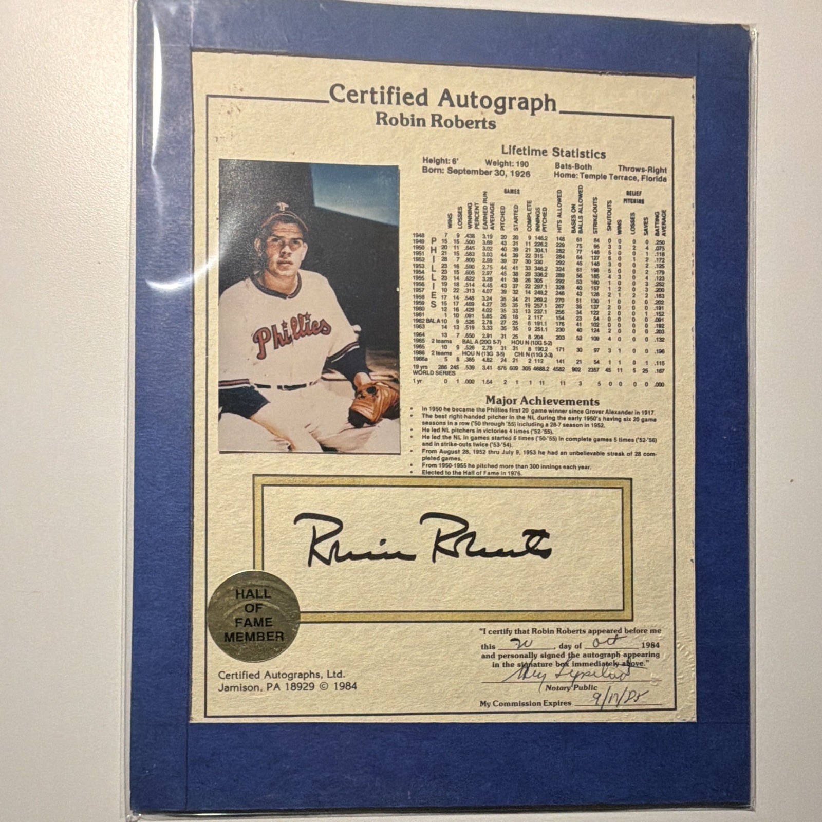 Robin Roberts Philadelphia Phillies Signed Baseball Autograph Card Hall of Fame