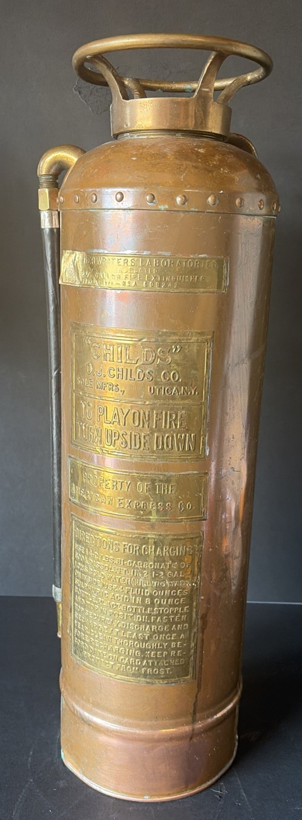 Vintage O.J. Childs Copper Fire Extinguisher American Express Co Stamped Sign Vintage O.J. Childs Copper Fire Extinguisher American Express Co Stamped Sign