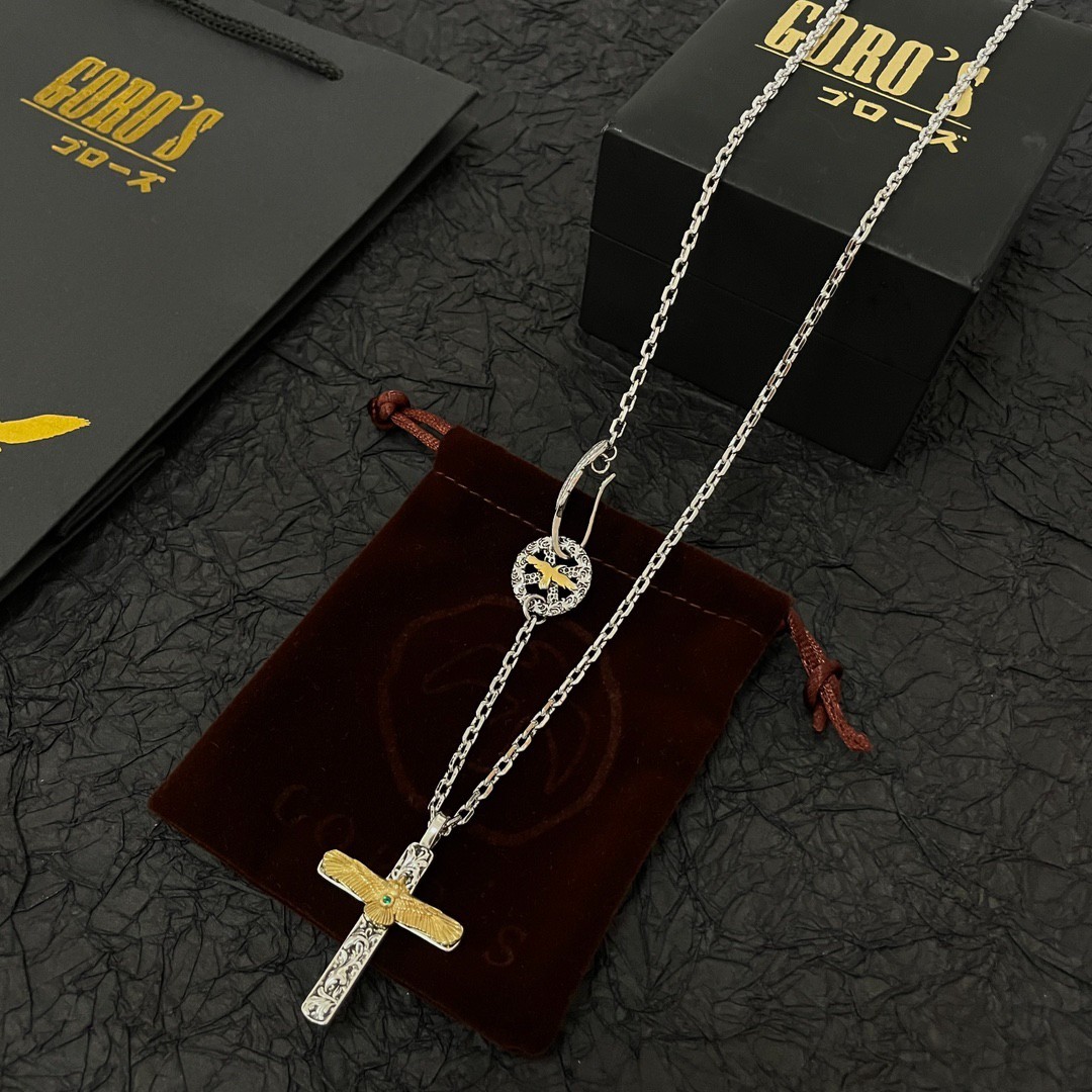 Goro\'s Punk Rock Cross Eagle Pendant Necklace Two Tone Silver Gold Totem Chain 