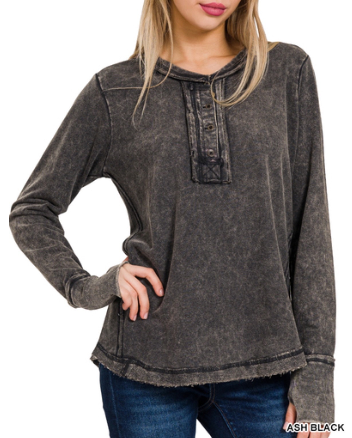 ZENANA 3319 Color Washed Henley Thumbhole top 100% CottonRaw Edge Exposed Seam