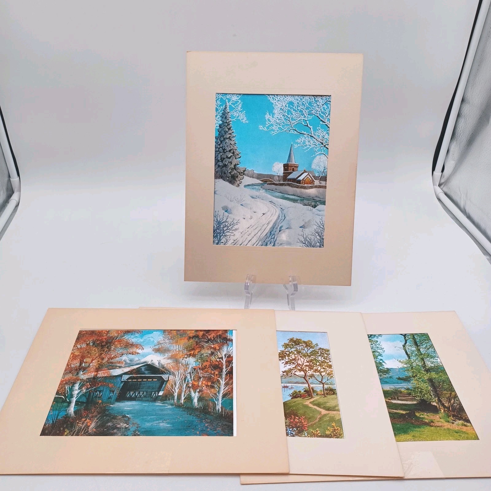 Vtg Holographic Foil Art Print set of 4 Landscape Seasons Bridge Vtg Holographic Foil Art Print set of 4 Landscape Seasons Bridge
