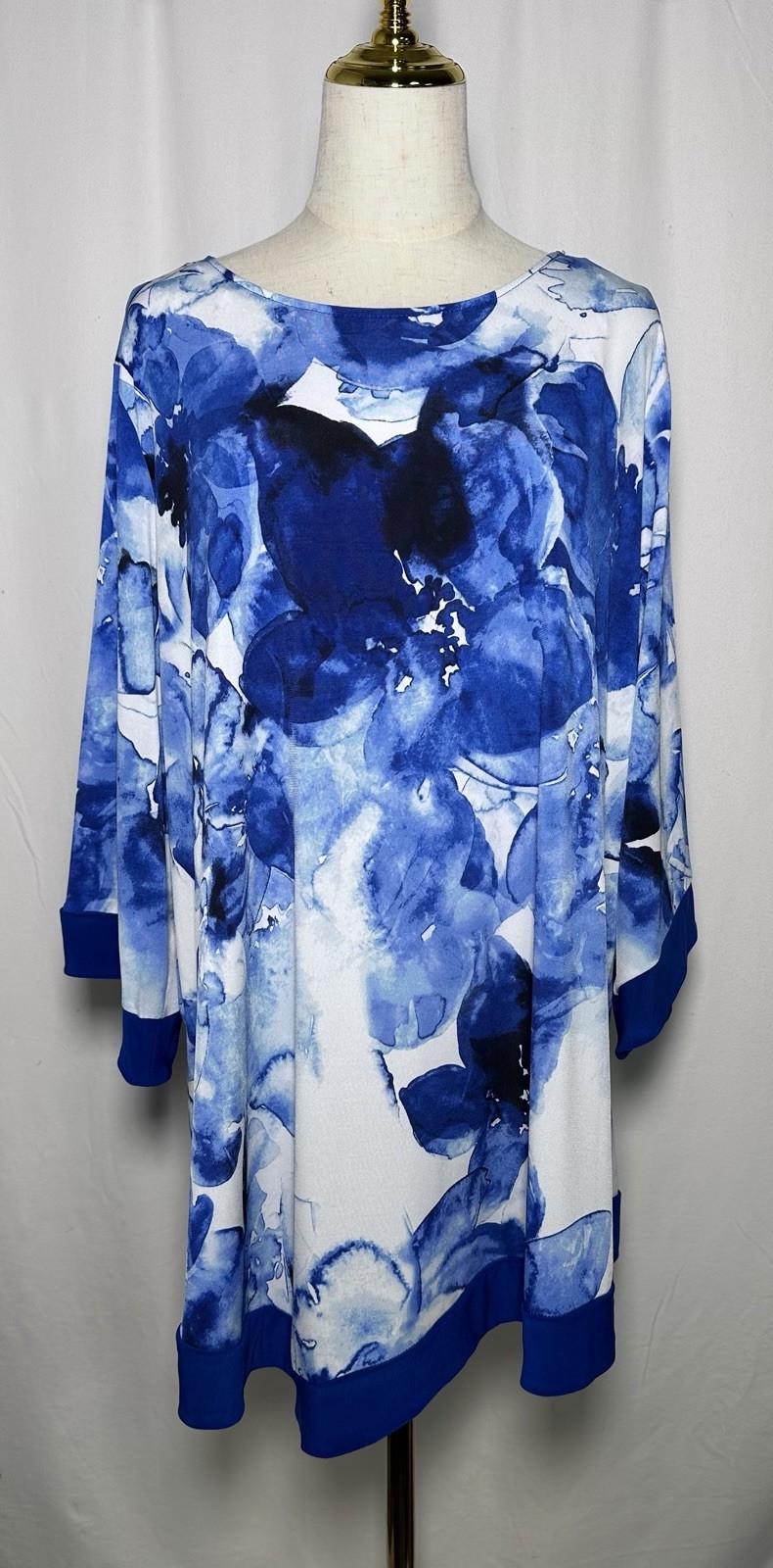 Slim Factor Women Tunic Blouse Shirt Top 2X Watercolor 3/4 Sleeves Blue $79