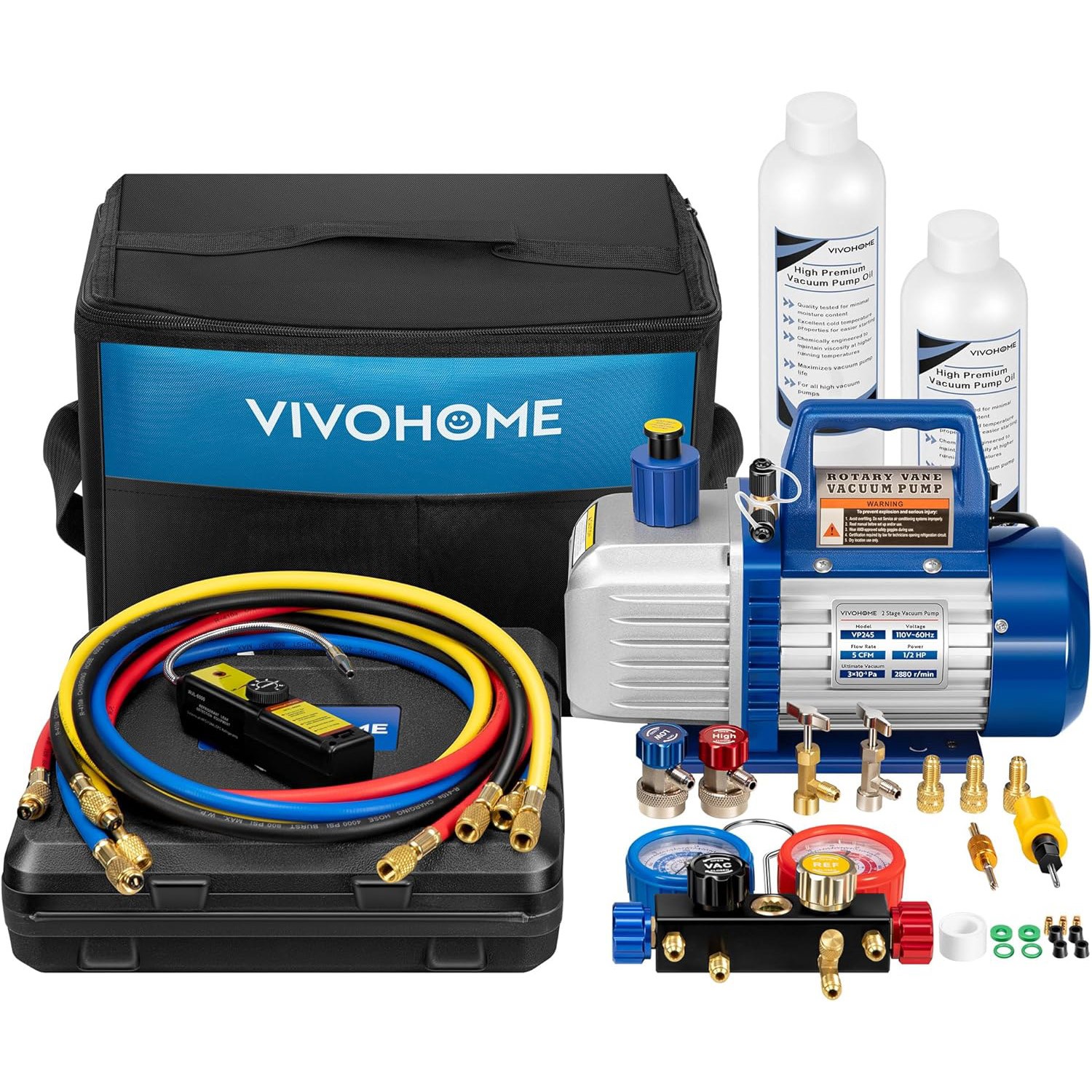 1/2HP 5CFM 2 Stage HVAC Vacuum Pump 4 Way Manifold Gauge Set Leak Detector Kit