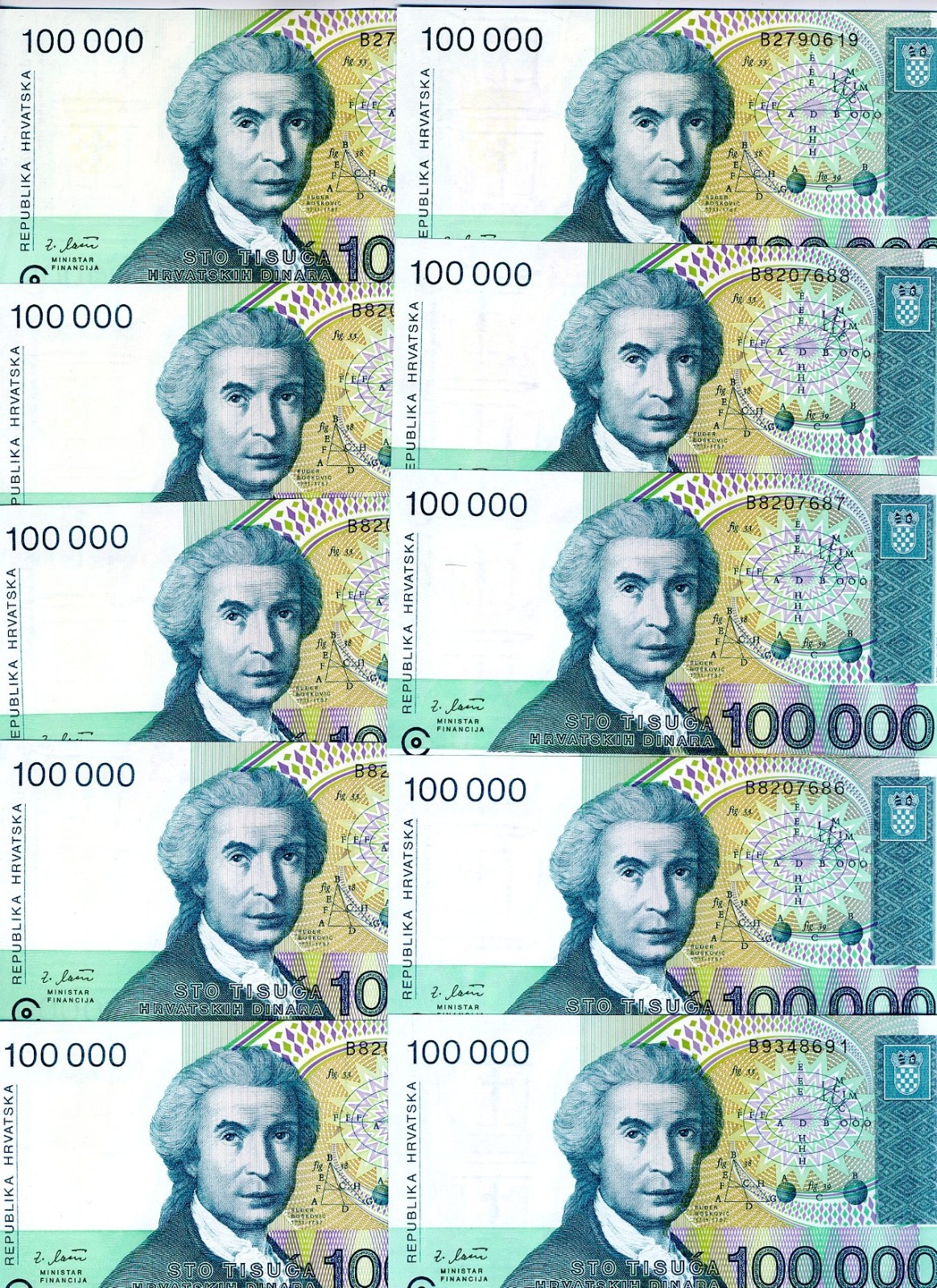 LOT, Croatia 10 x 100,000 Dinara, 1993, P-27 UNC
