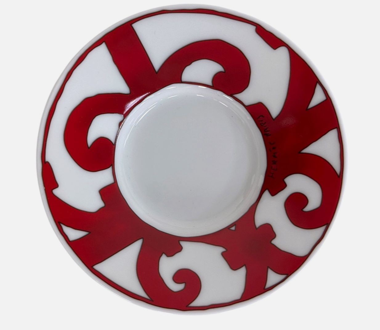 Hermes Red White Hand Print Porcelain Saucer