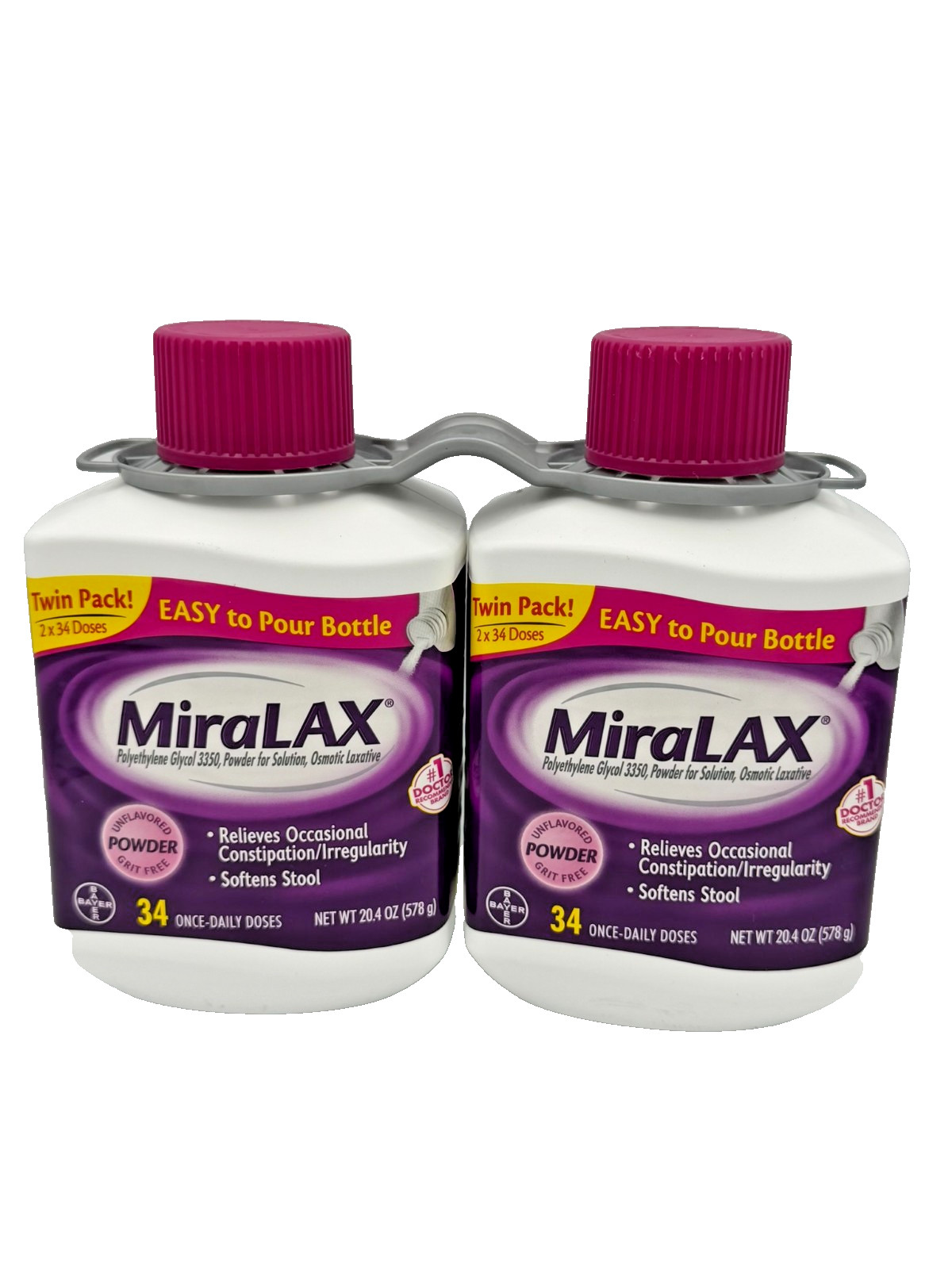 Miralax Powder Laxative 68 Doses, 40.8 Ounces, 2 Bottles, Exp 05/27