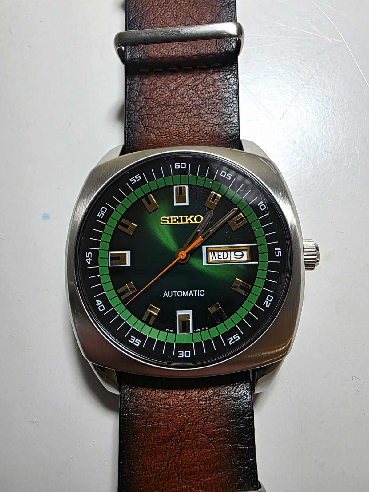 Seiko Recraft Automatic Green Dial Day/Date Cushion Case Leather Strap w/ Box