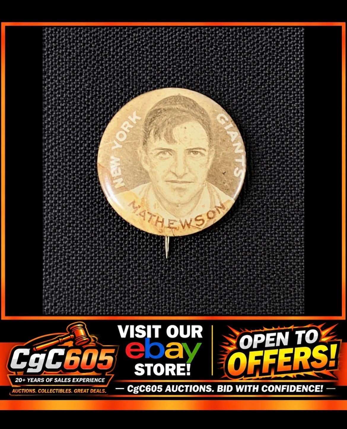 1910-12 Sweet Caporal HOF Christy Mathewson Vintage Baseball Pin *CgC605*
